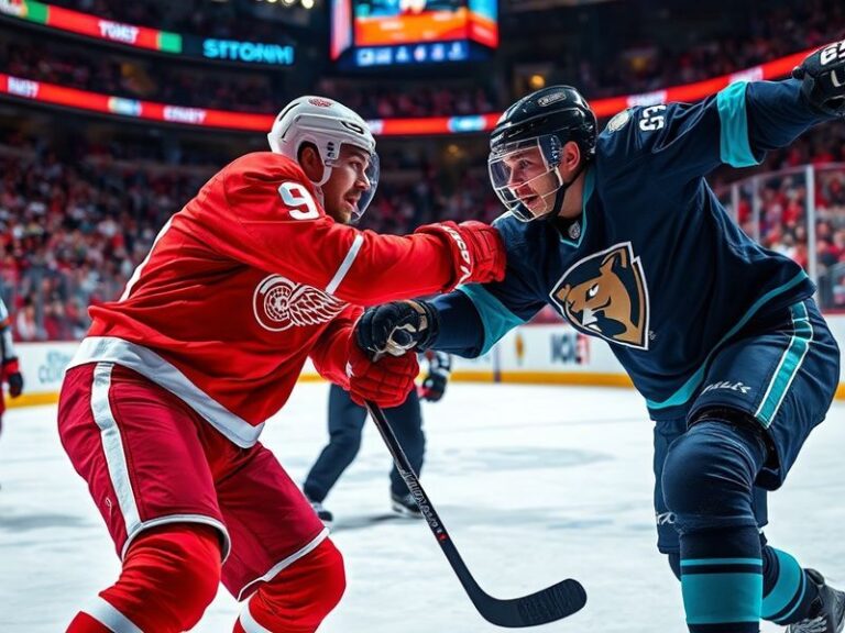 A split-screen image showing Dylan Larkin of the Red Wings battling Aleksander Barkov of the Panthers during a high-intensity