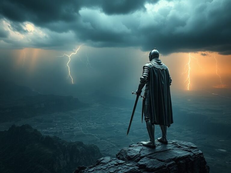 A moody production still showing a knight in armor standing on a castle battlement, with fog rolling over distant mountains.