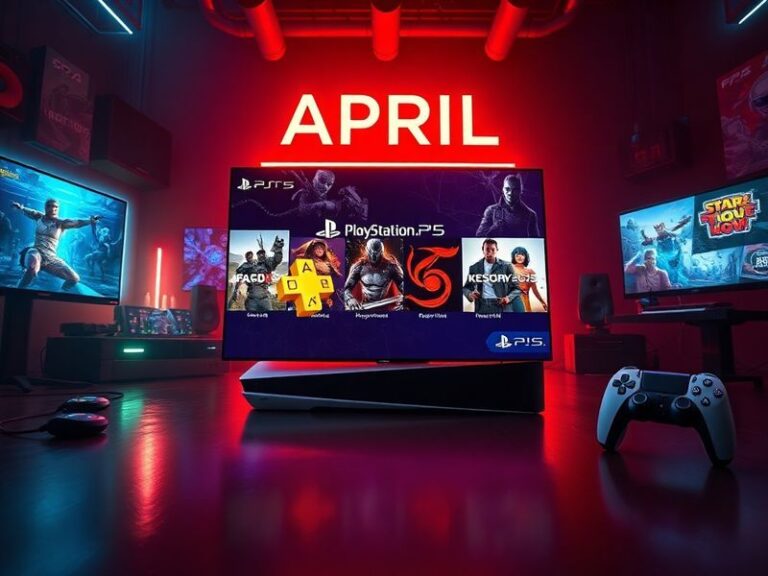 A vibrant gaming setup featuring a PlayStation 5 console, DualSense controller, and a TV screen displaying key April PlayStat