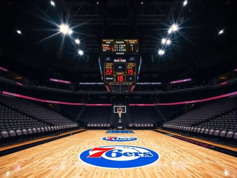 A dynamic basketball arena shot of the Philadelphia 76ers in action, featuring Joel Embiid and Tyrese Maxey on the court with
