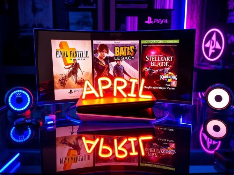 A vibrant collage of April's PlayStation Plus game covers, including Hogwarts Legacy, Gran Turismo 7, Stray, and Tchia, arran