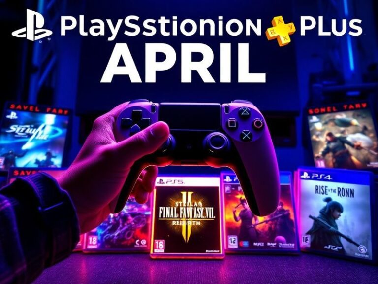 A vibrant collage of April’s PlayStation Plus game covers, including Hades, Stray, The Witcher 3, and Tchia, arranged around