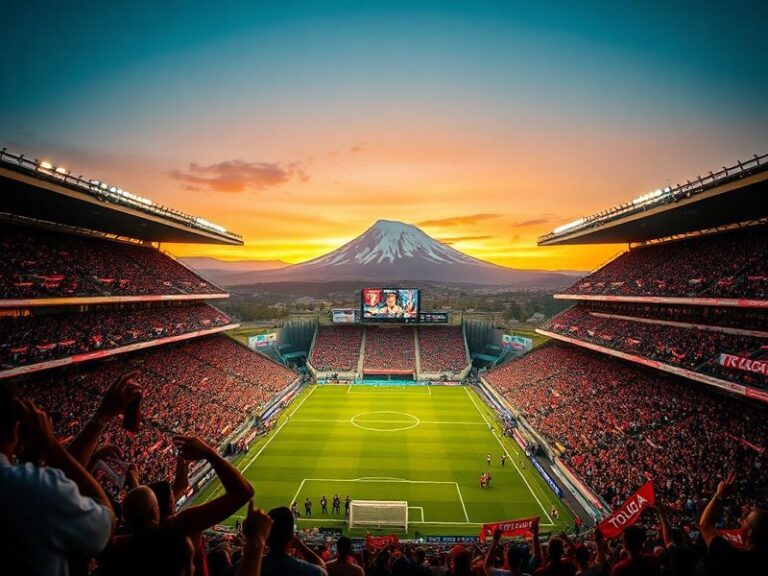 A vibrant soccer stadium at dusk, with LA Galaxy’s blue-and-white and Toluca’s red-and-yellow colors mixing in the crowd, pla