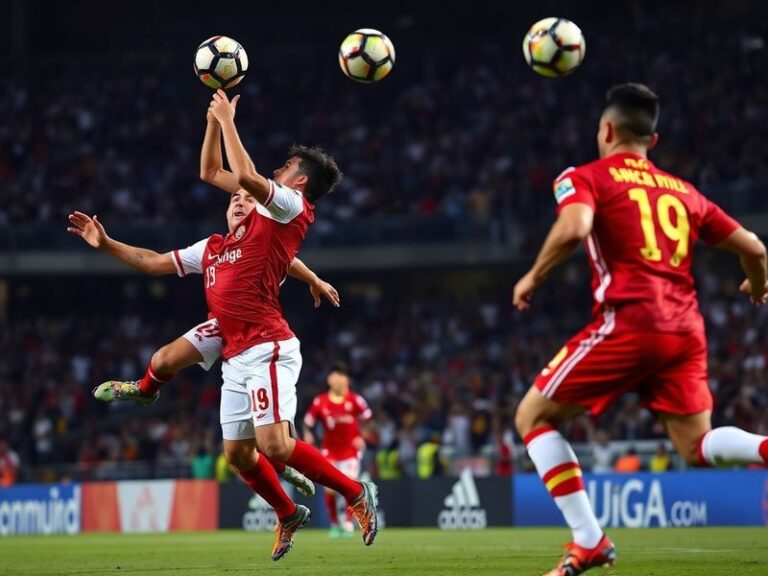 A vibrant stadium atmosphere with LA Galaxy players in teal jerseys facing off against Toluca's red and gold team, under brig
