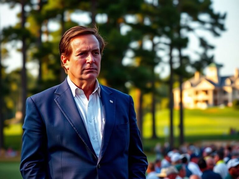 A split-screen image showing Jim Nantz in the CBS broadcast booth alongside a montage of modern golf highlights and historica