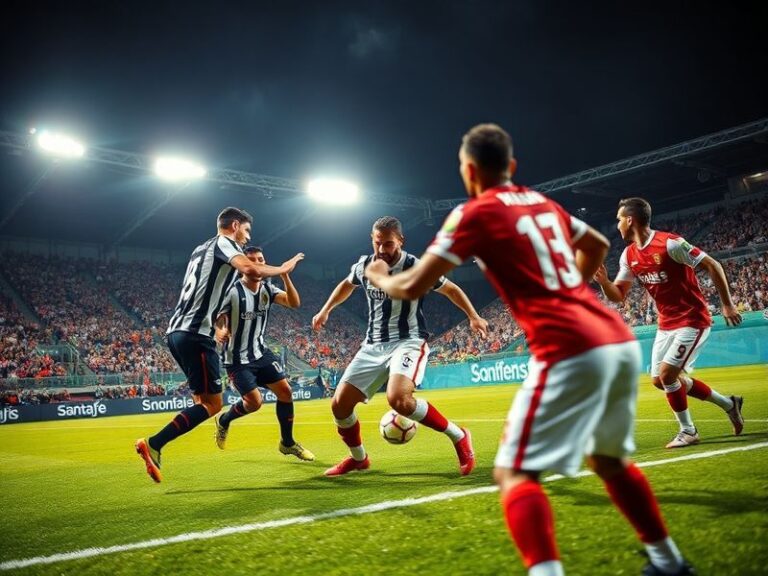 A vibrant stadium scene at night with Corinthians players in black-and-white stripes and Santa Fe players in red-and-white je