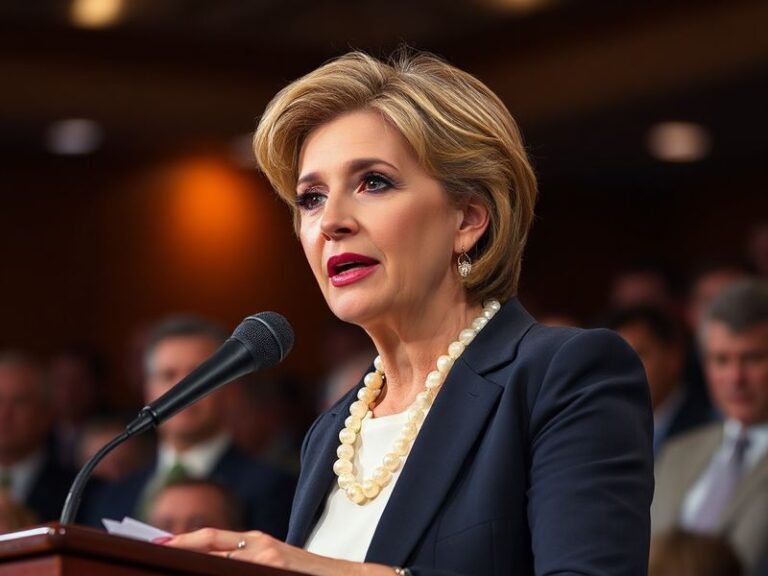 A warm, well-lit photo of Nancy Guthrie speaking at a conference, holding a microphone and engaging with an audience. She is