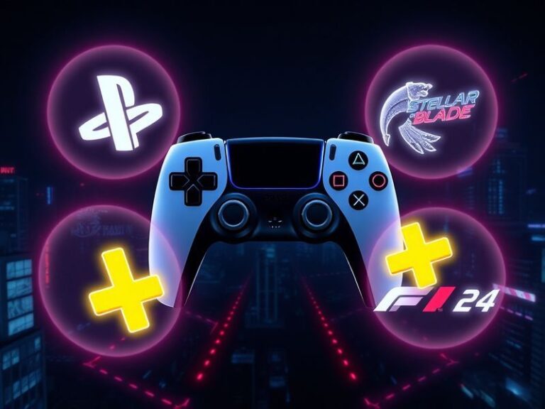 A vibrant split-screen image showing a diverse group of gamers playing different PlayStation Plus titles. On the left, a play