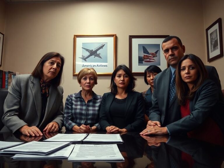 A courtroom sketch-style illustration showing a family seated on a plane with a flight attendant in the background, emphasizi