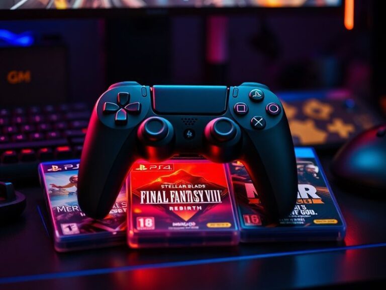 A split-screen image showing the PlayStation Plus logo on one side and a collage of the April free games, including Dead Spac