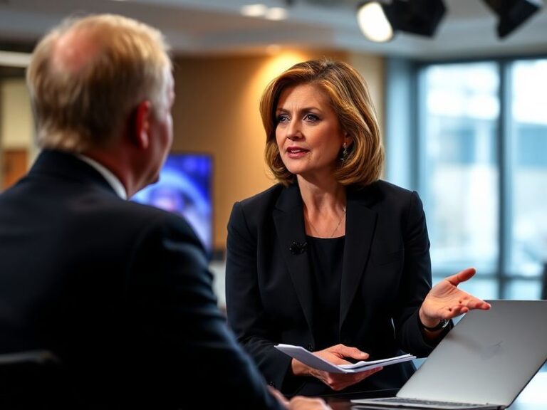 A warm, professional portrait of Nancy Guthrie speaking at a podium, with a modern church background, soft lighting, and an e