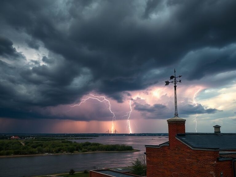 A split-screen image showing a KWQC meteorologist on TV next to a radar map of the Quad Cities region, with visible weather s