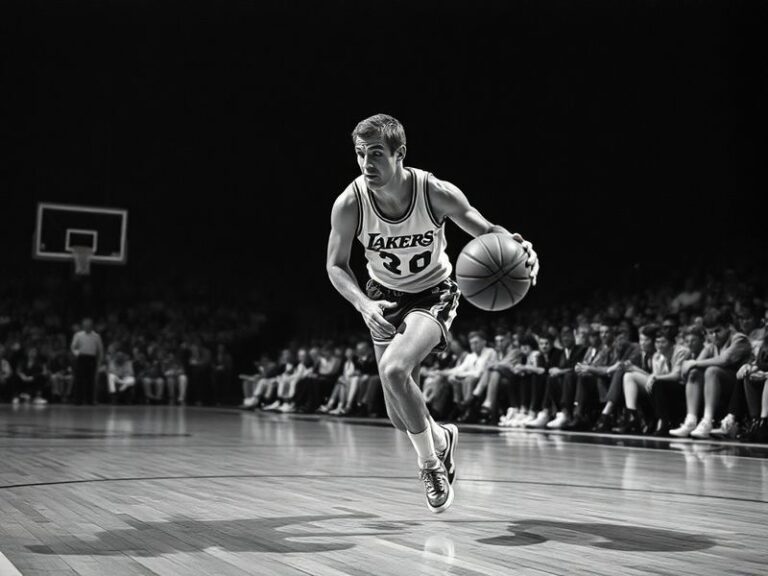 A black-and-white photograph of Jerry West in his Lakers uniform mid-dribble, showcasing his iconic silhouette against a vint
