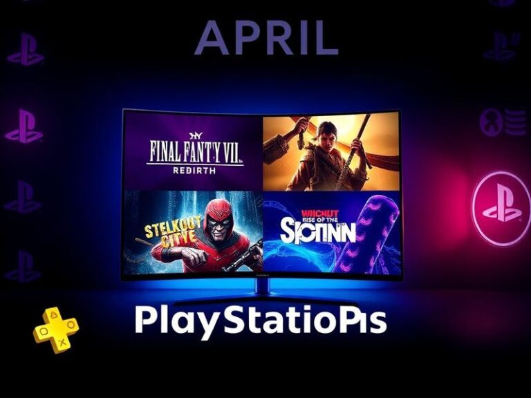 A split-screen image showing a modern PlayStation console on one side with the April PlayStation Plus game lineup displayed o