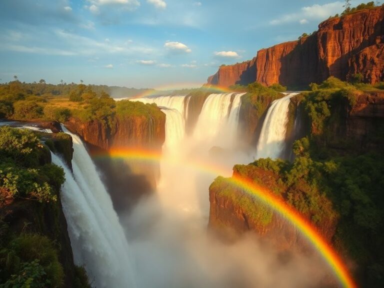 A vibrant landscape of Victoria Falls with mist rising, blending natural beauty with the hustle of local vendors selling craf