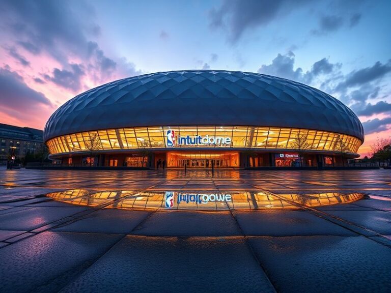 A futuristic exterior shot of the Intuit Dome at dusk, showcasing its retractable roof and LED lighting against the Los Angel
