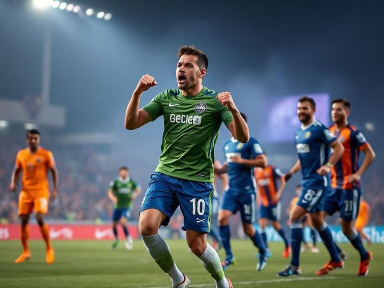 A dynamic mid-match shot at Lumen Field, showing Seattle Sounders and Tigres players in action with the Emerald City skyline