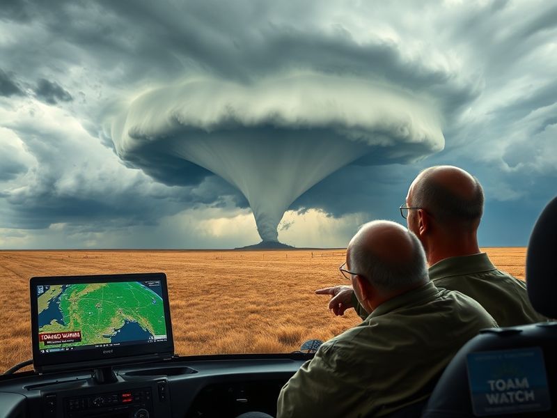A split-image showing two contrasting scenes: on the left, a calm sky with a green tornado watch box displayed on a weather a