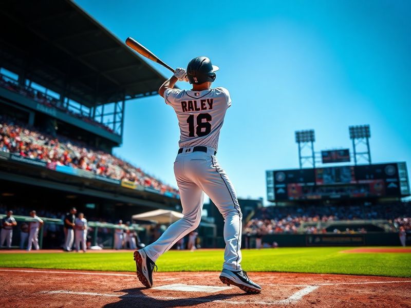 A dynamic action shot of Luke Raley mid-swing during a Brewers game, showcasing his powerful batting stance and focused expre