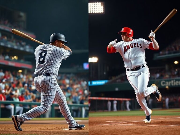 A dynamic shot of Aaron Judge (Yankees) and Shohei Ohtani (Angels) mid-swing during a postseason game, with the stadium light