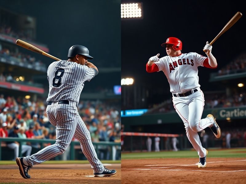 A dynamic shot of Aaron Judge (Yankees) and Shohei Ohtani (Angels) mid-swing during a postseason game, with the stadium light