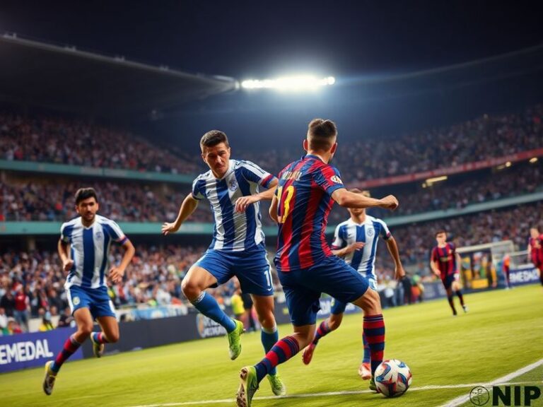 A vibrant stadium scene at night during a Copa Sudamericana match, featuring passionate fans in team colors, players celebrat