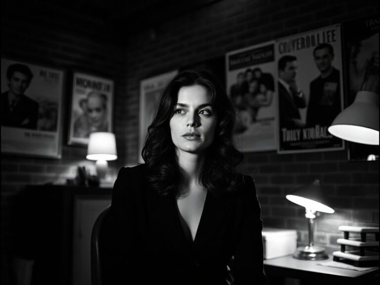 A portrait of Brooke Shields in her prime, dressed in a stylish yet understated outfit, set against a neutral background. She