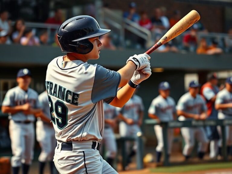 Ty France in a Seattle Mariners uniform mid-swing at T-Mobile Park, bat blurred from motion, crowd in background, warm stadiu