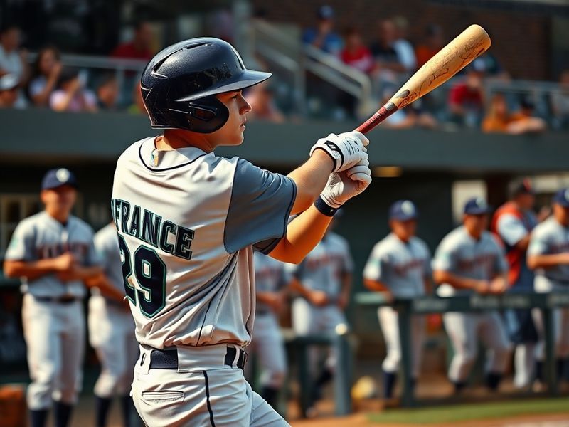 Ty France in a Seattle Mariners uniform mid-swing at T-Mobile Park, bat blurred from motion, crowd in background, warm stadiu