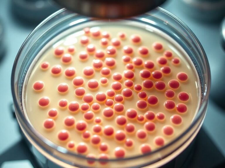 A medical professional in protective gear examines a petri dish containing Shigella bacteria under a microscope in a sterile