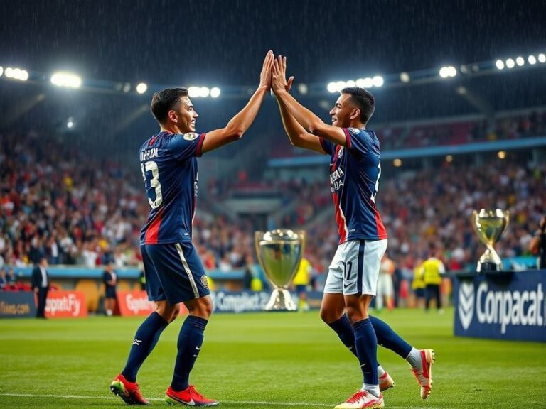 A vibrant stadium packed with fans, colorful banners, and players celebrating under bright lights. The scene captures the ene