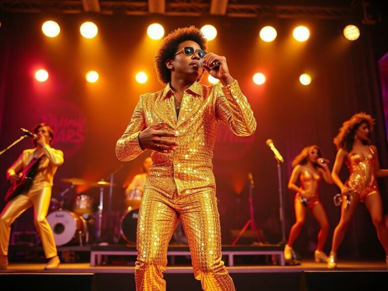 A dynamic concert shot of Bruno Mars mid-performance on a neon-lit stage, wearing a sequined suit, surrounded by a live band