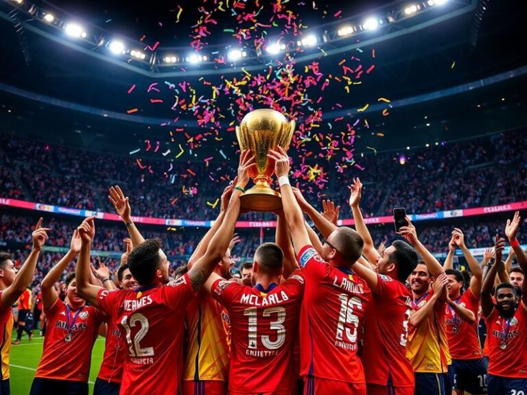 A vibrant stadium filled with fans waving flags, featuring a large CONCACAF Champions Cup trophy at center stage under bright