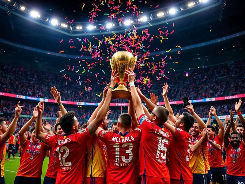 A vibrant stadium filled with fans waving flags, featuring a large CONCACAF Champions Cup trophy at center stage under bright