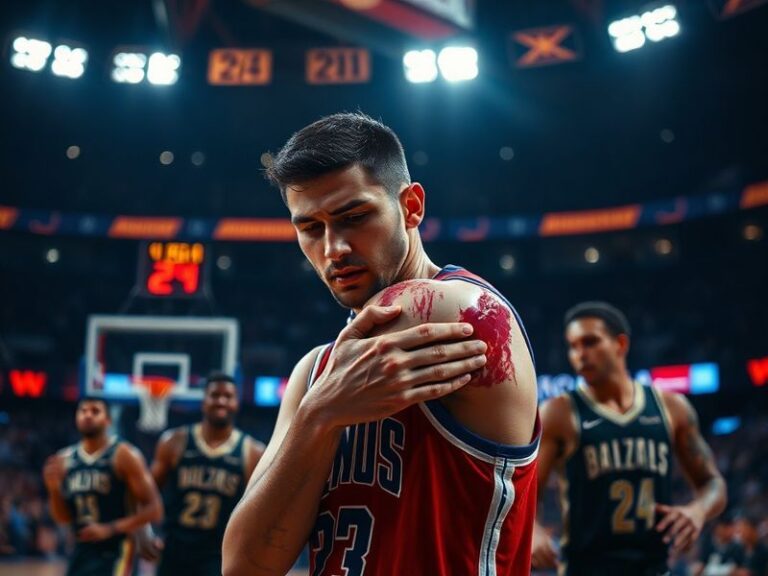 A dynamic mid-game action shot of Kyle Hurt in a Miami Hurricanes uniform, mid-jump shot release with defenders nearby, gym l