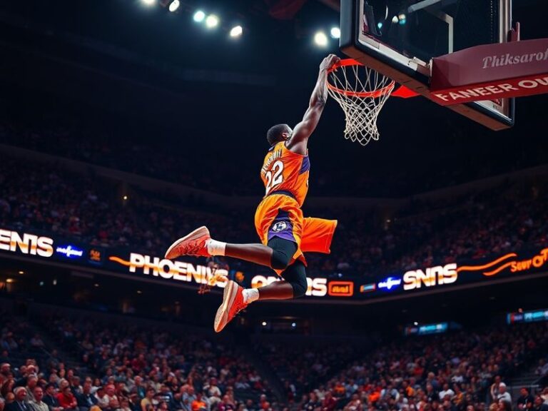 A dynamic action shot of the Phoenix Suns players in their purple and orange uniforms during a fast break, with Chase Bank Ar