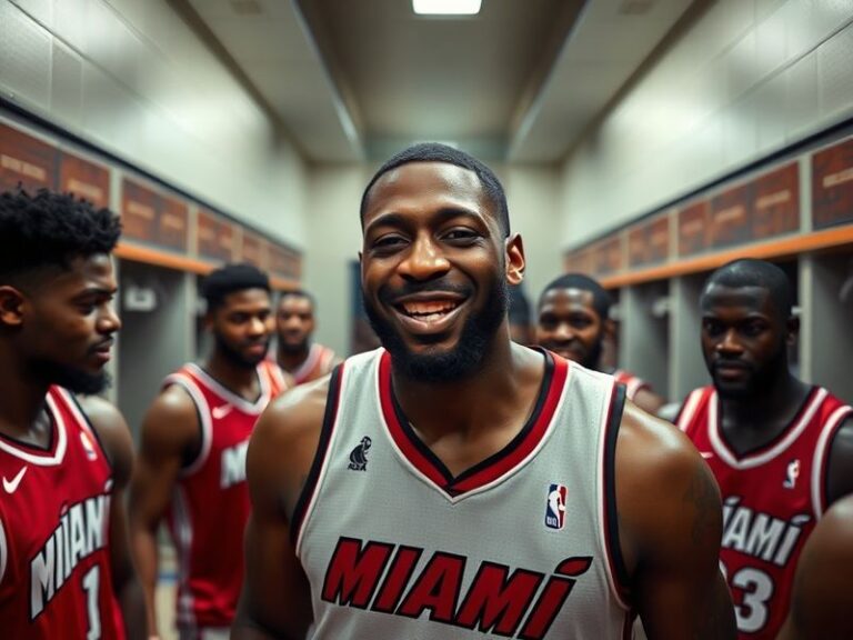 A dynamic action shot of Udonis Haslem in a Miami Heat jersey, mid-game with a focused expression, surrounded by teammates an