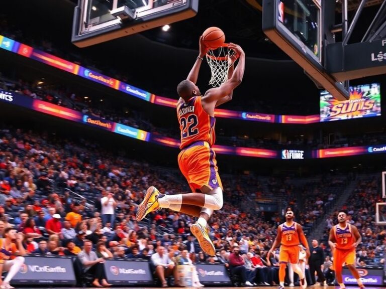 A dynamic action shot of the Phoenix Suns playing at Footprint Center, with players in purple and orange jerseys, a sold-out