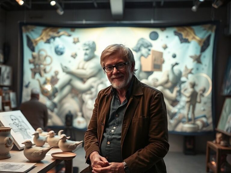 A vivid studio shot of Grayson Perry in his signature flamboyant attire, surrounded by bold, colorful ceramics and tapestries