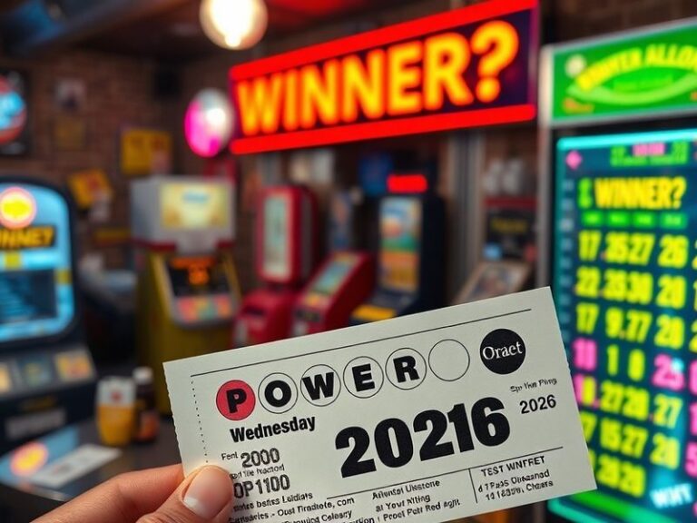 A split-screen image: on one side, a glowing lottery machine displaying the winning numbers 14-22-35-41-56 with Powerball 7.