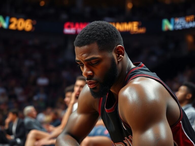 A portrait of Udonis Haslem in a Miami Heat jersey, mid-game, with a focused expression. The background shows a packed NBA ar