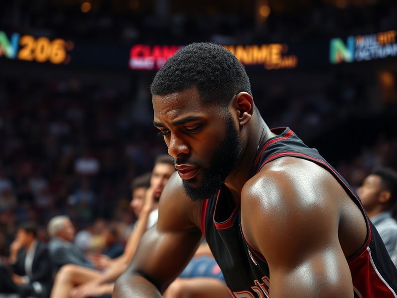 A portrait of Udonis Haslem in a Miami Heat jersey, mid-game, with a focused expression. The background shows a packed NBA ar