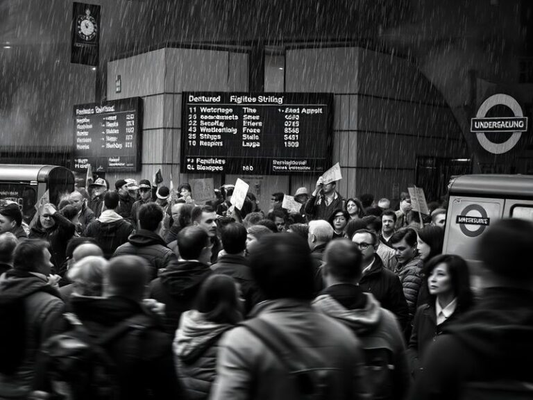 A crowded London Underground platform during rush hour, with commuters waiting anxiously as strike notices are displayed on d