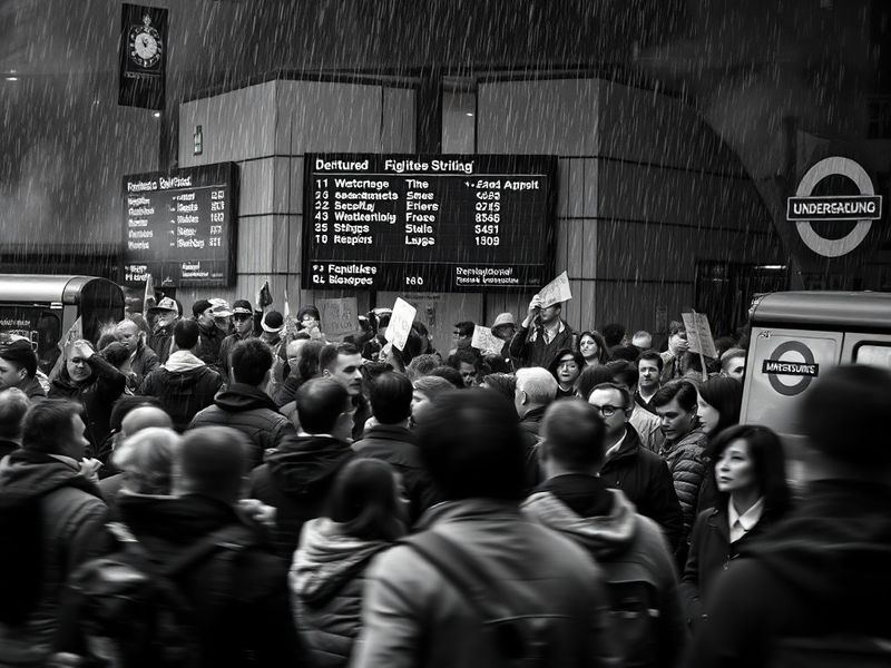 A crowded London Underground platform during rush hour, with commuters waiting anxiously as strike notices are displayed on d