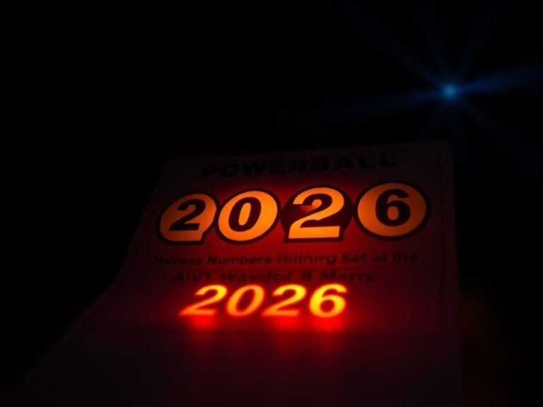 A glowing Powerball ticket with 'JACKPOT WINNER' stamped in bold red letters, surrounded by scattered lottery tickets and a c