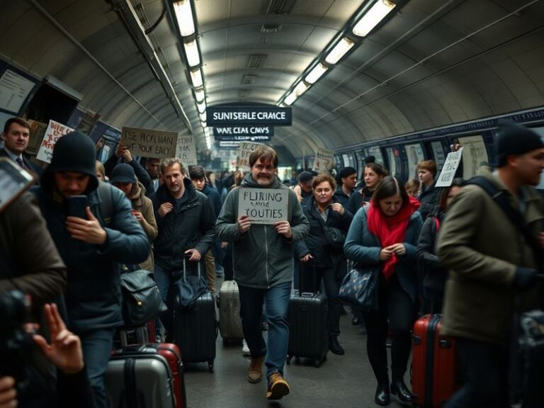 A crowded London Underground platform during a strike, with empty train carriages and frustrated commuters walking along the