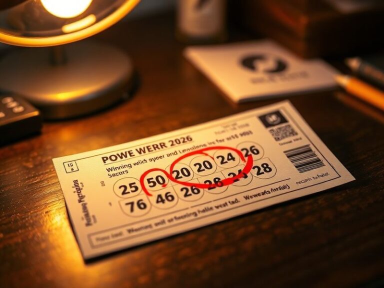 A dynamic photo of a glowing Powerball machine mid-draw, surrounded by scattered lottery tickets and dollar bills. The backgr