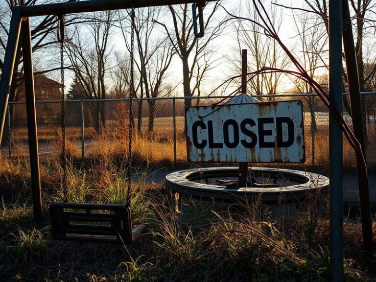 A wide-angle shot of Meridian Park’s empty playground and overgrown fields under a cloudy sky, with a 'Closed' sign prominent