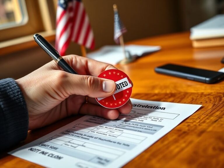 A diverse group of people standing in line at a modern polling station, holding voter registration forms and identification.