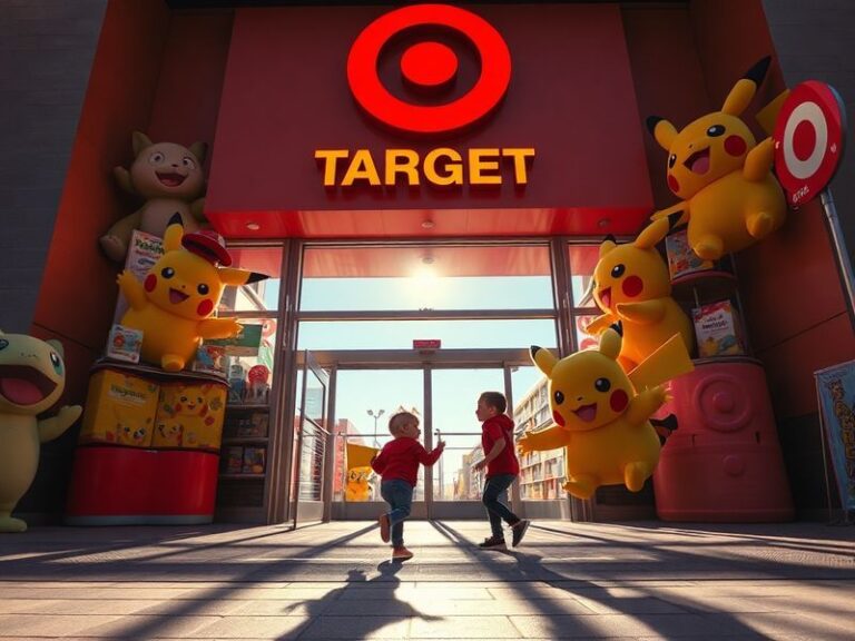 A vibrant in-store display of Target’s Pokémon collab featuring Pikachu plushies, apparel, and exclusive figures arranged in